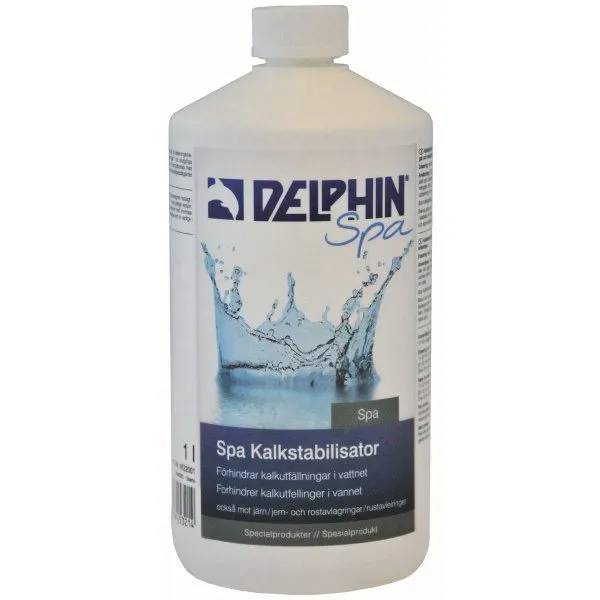 Vit 1-liters flaska Delphin Spa Kalkstabilisator med blått etikettmotiv av vattenstänk mot vit bakgrund.