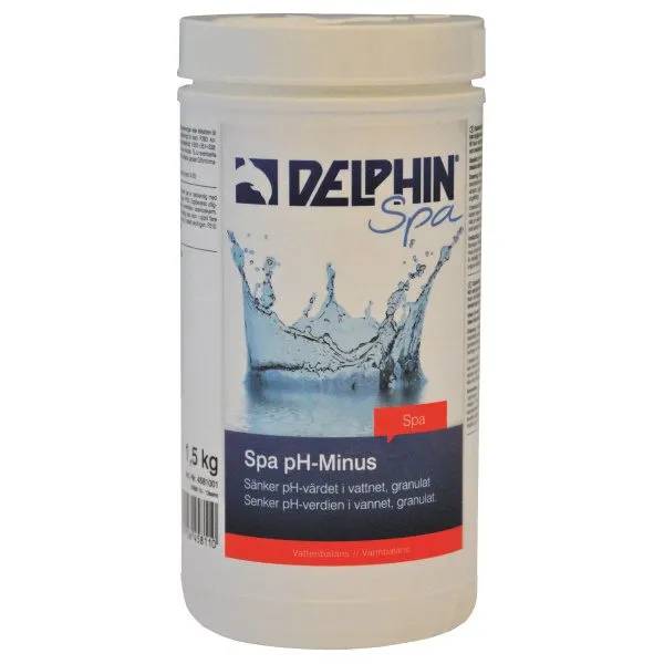 Vit hink med Delphin Spa pH-Minus, 1,5 kg granulat för att sänka pH-värdet i spabadsvatten.
