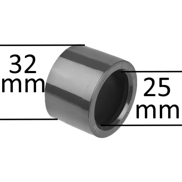 PVC adapter 32 x 25 mm i svart plast, reduceringskoppling med måttangivelser för ytterdiameter och innerdiameter.