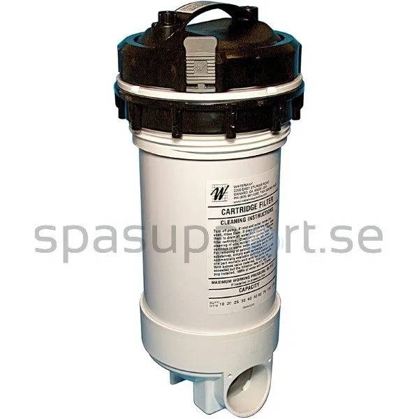 Filterhållare Bypass 2" i vitt plastmaterial med svart topplock, etikett med rengöringsinstruktioner och kapacitetsuppgifter.