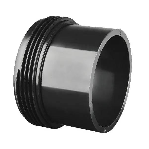 Värmaradapter 2 tum i svart plast med gängad ände och slät cylindrisk anslutning mot vit bakgrund.