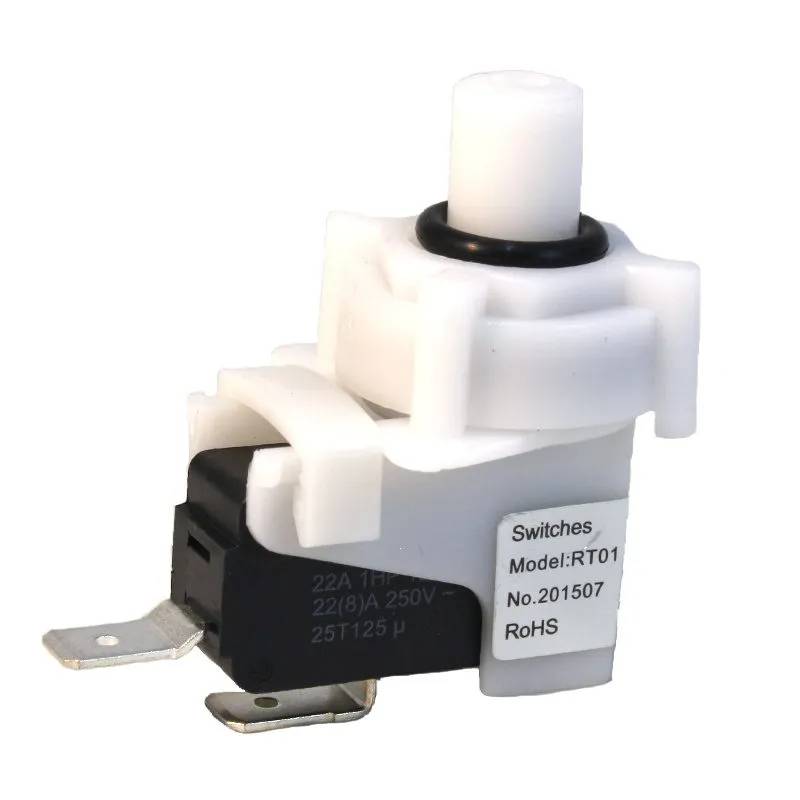 LX Whirlpool pressostat i vitt plasthus med svart mikrobrytare, elanslutningar och etikett med modellnummer RT01.