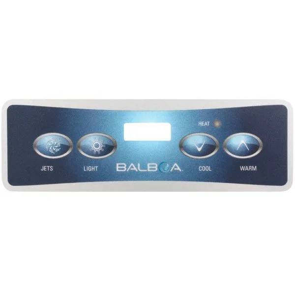 Balboa overlay VL401 med fyra knappar: Jets, Light, Cool och Warm, samt tom display och Heat-indikator.