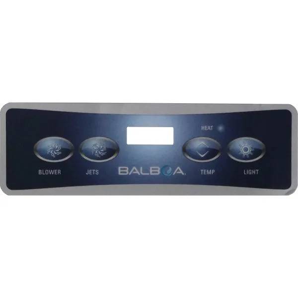 Balboa VL401 overlay med fyra knappar: Blower, Jets, Temp med upp/ner-pilar och Light, samt tom displayruta.