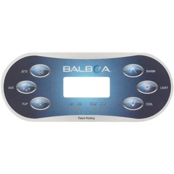 Balboa manöverpanel overlay TP600 med knapparna Jets, Aux, Flip, Warm, Light och Cool samt tom displayruta.