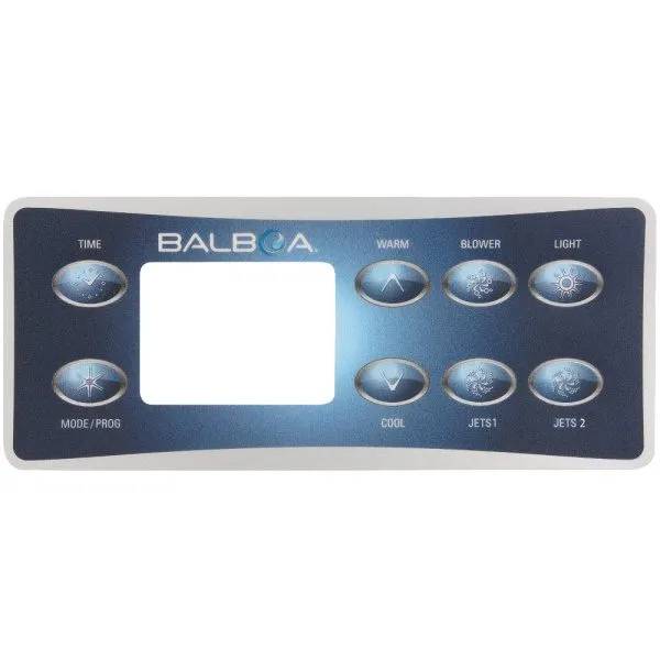 Balboa kontrollpanel overlay VL801D med tom display och knappar för Time, Mode/Prog, Warm, Cool, Blower, Jets 1
