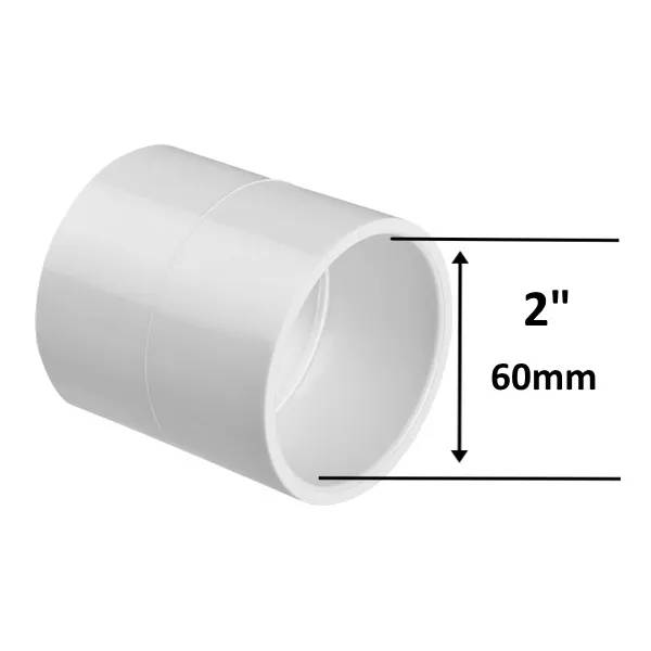 PVC muff 2" F/F i vit plast, rörkoppling med innerdiameter 60mm markerad med pilar.