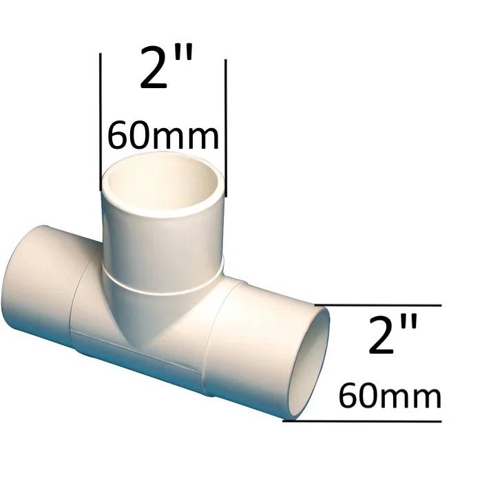 T-koppling 90° 2" M/M/M i vit PVC-plast med tre öppningar, måttsatt till 60 mm diameter.