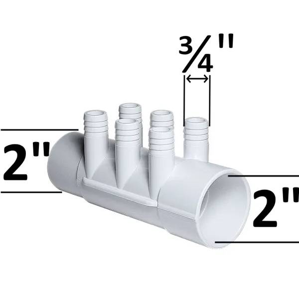 Fördelare 2" 6P M/F PVC i vitt, rörformad med sex utstickande 3/4-tumsanslutningar, ändarna mäter 2 tum.