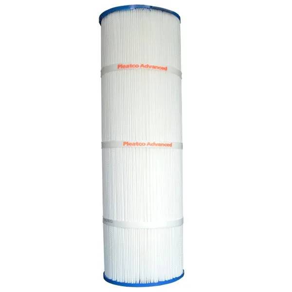Ovanifrån av spafilter PLBS100 med blå plastände och orange veckat filtermaterial synligt i mitthålet.