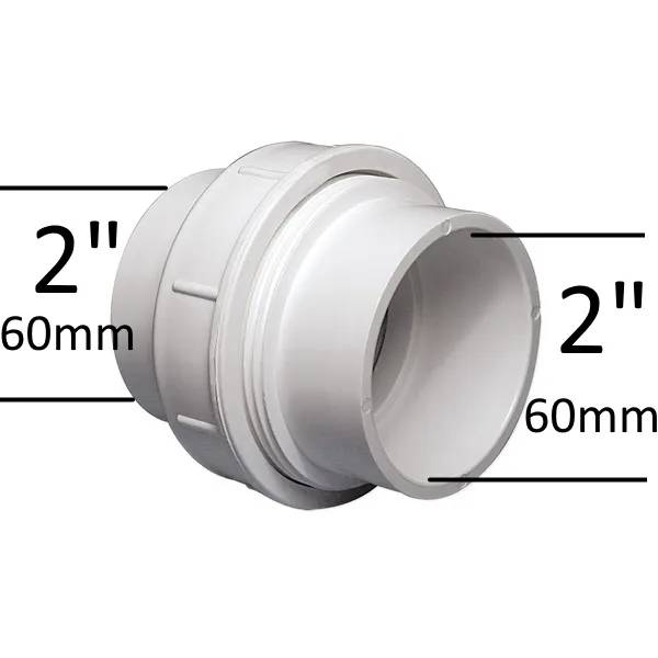 Delbar PVC koppling 2" F/F i vitt, måttsatt med 60mm diameter på båda anslutningarna.