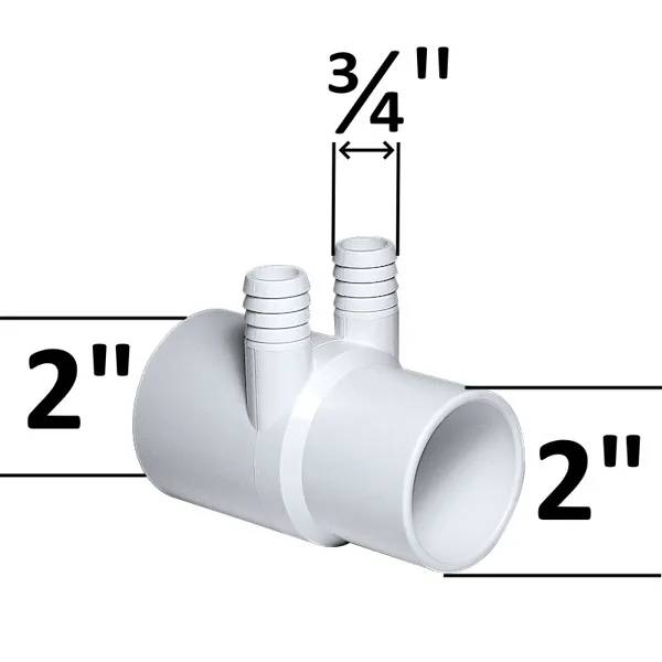 Fördelare 2" 2P M/F PVC i vit plast med två 3/4"-anslutningar upptill och 2" rörkoppling i vardera ände.