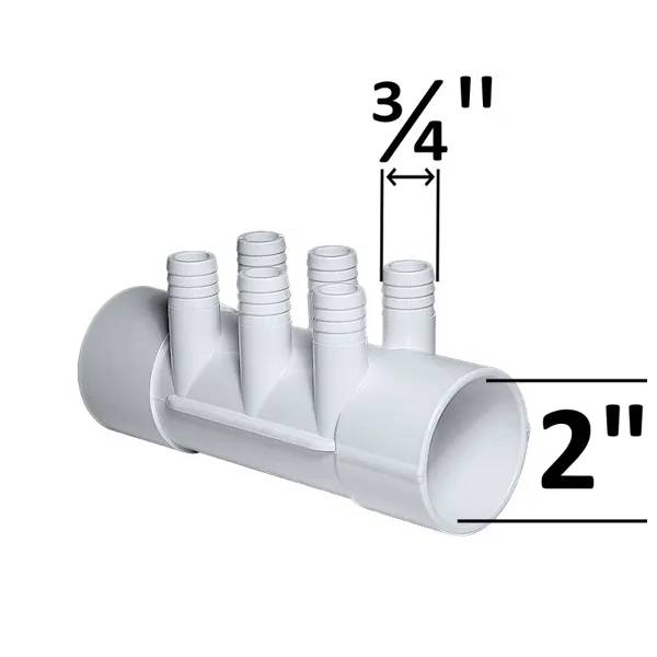 Fördelare 2" 6P F/F PVC med fyra utstick på 3/4 tum och rakt rör med 2 tums diameter, mätangivelser visas.