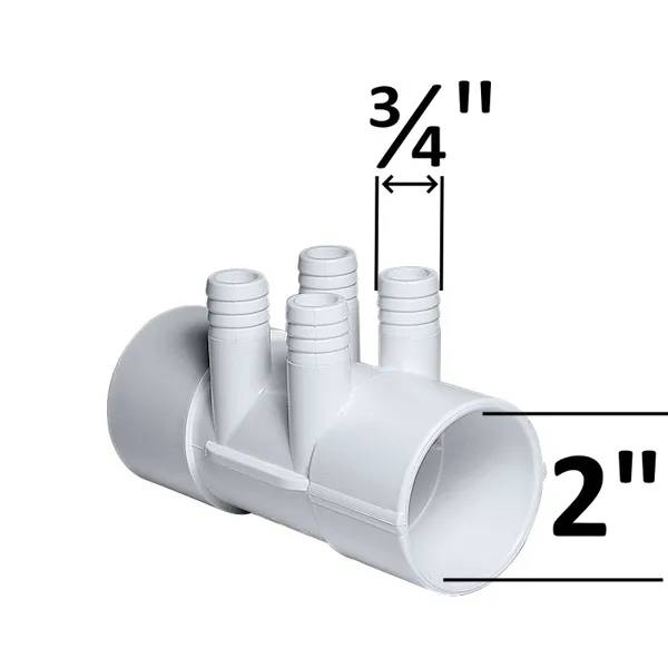 Fördelare 2" 4P F/F PVC i vitt, med fyra 3/4-tums munstycken och 2-tums anslutningar i vardera änden.