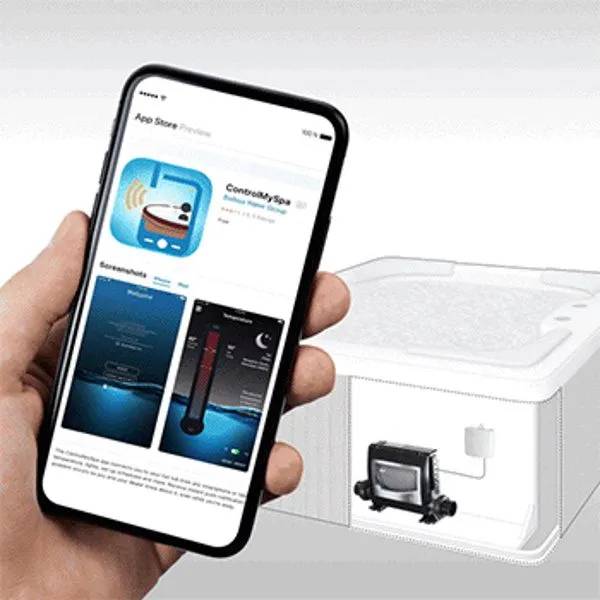 ControlMySpa™-appen visad på tre mobiler: fjärranslutning till spabad, temperaturreglage och zonstyrning med färgval.