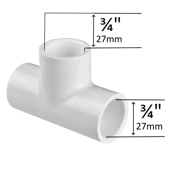 T 90° 3/4" F/F/F, vit PVC-koppling med tre lika stora anslutningar, diameter 3/4" (27 mm) markerad med måttlinjer.