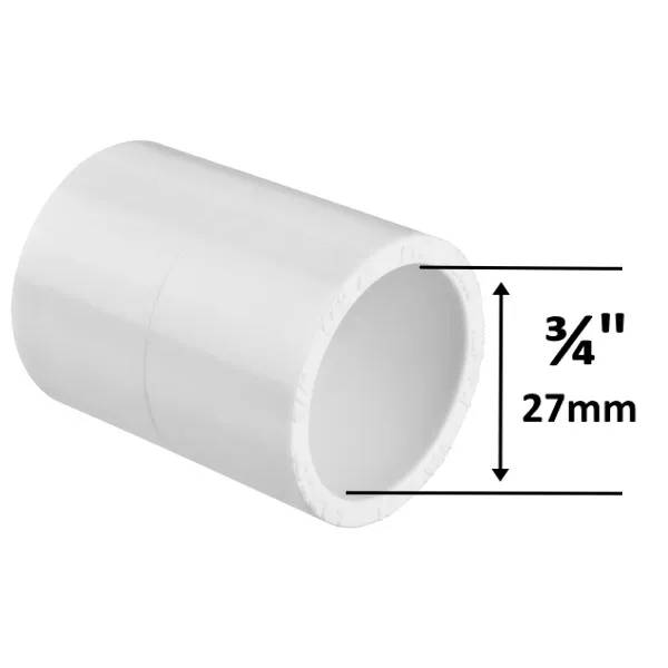 PVC muff 3/4" F/F i vit plast, rörkoppling med innerdiameter 27mm markerad med mått.