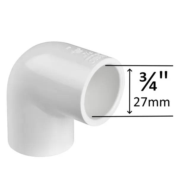 PVC vinkel 90° 3/4" F/F i vit plast, vinkelkoppling med två muffar, måttmarkering visar innerdiameter 27mm.