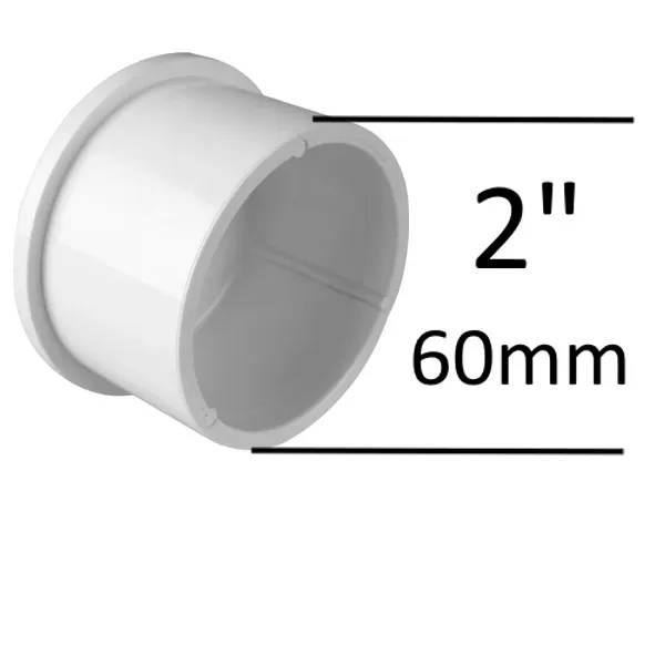 PVC Plugg 2" M i vit plast, rund ändlock med måttmarkering 2 tum / 60 mm på vit bakgrund.