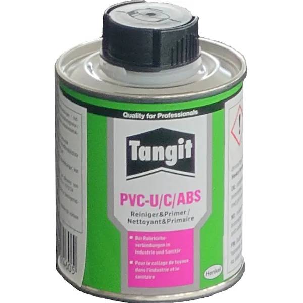 Metallburk med svart lock med Tangit PVC-U/C/ABS Reiniger & Primer, rengöringsmedel och primer för PVC-lim, 125 ml.