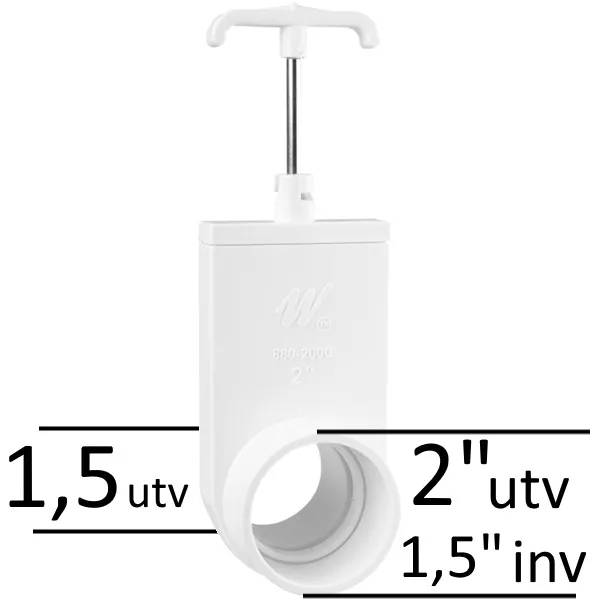 Vit skjutventil 1,5" M/F 2" M med T-handtag, måttmarkerad 1,5 tum utvändig till 2 tum utvändig/1,5 tum invändig.