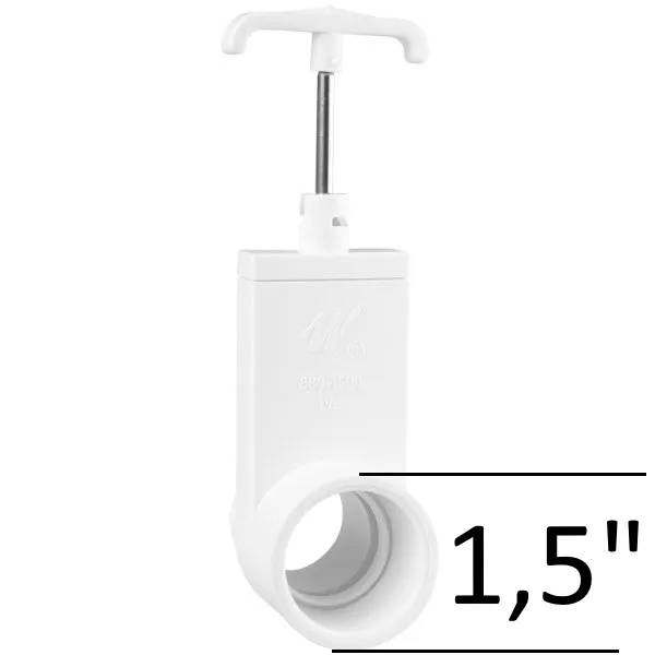 Vit PVC-ventil 1,5" M/M med T-format vred och rörgänga i båda ändar, mått markerat på bilden.