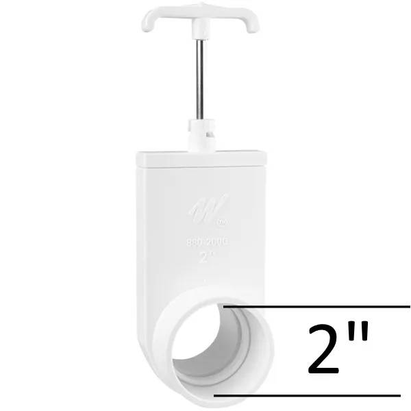 Vit PVC-slidventil 2" F/F med T-format handtag för spabad och pooler, måttmarkering visar 2 tums anslutning.