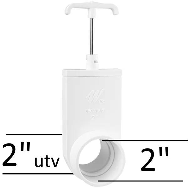 Ventil 2" M/F i vit plast med T-format handtag och runda anslutningar märkta 2" utv på båda sidor.