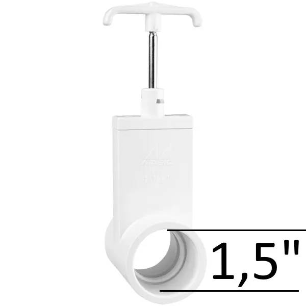 Vit PVC-ventil 1,5" F/F med T-format vred och rörkoppling, måttmarkering 1,5 tum.