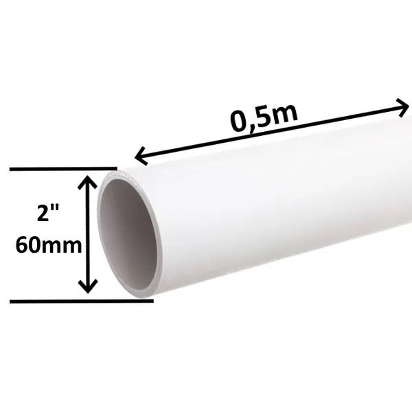 PVC rör 2 tum, 0,5 m, vitt med grå insida, mått markerade med pilar: diameter 60 mm och längd 0,5 m.