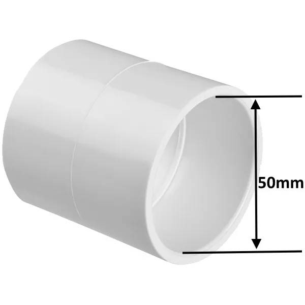 PVC Muff 50mm F/F i vitt, rak koppling med måttlinjer som visar en diameter på 50mm.