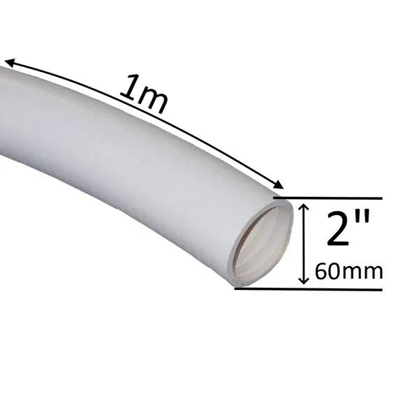Poolslang PVC 2" 1 m, böjd vit spiralslang med måttpilar som visar längden 1 meter och innerdiametern 60 mm.