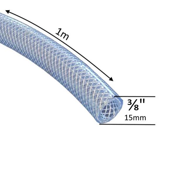 Poolslang PVC 3/8" 1 m, förstärkt transparent slang med vävt nät, diameter 15 mm, längdmått 1 meter.