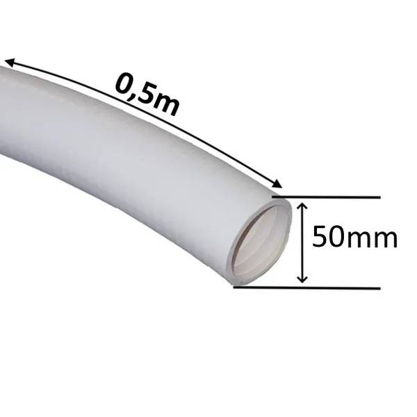Poolslang PVC 50mm, böjd flexibel slang med måttpilar som visar 1m längd och 50mm diameter.