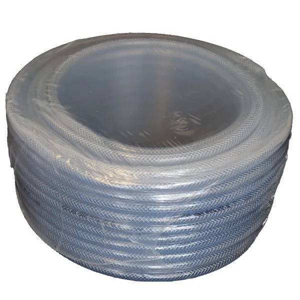 Poolslang PVC 3/8" 50 m, transparent förstärkt slang hoprullad i tät spole, sedd från ovan.
