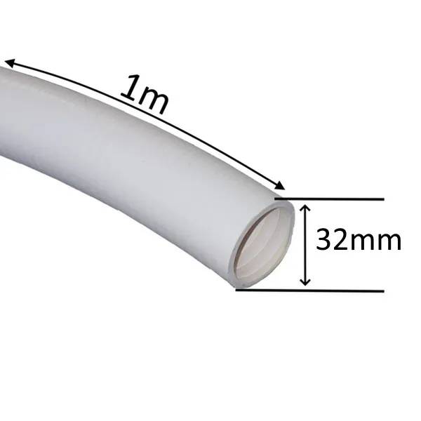 Vit räfflad poolslang PVC 32mm, längd 1m, med måttpilar som visar diameter och längd.