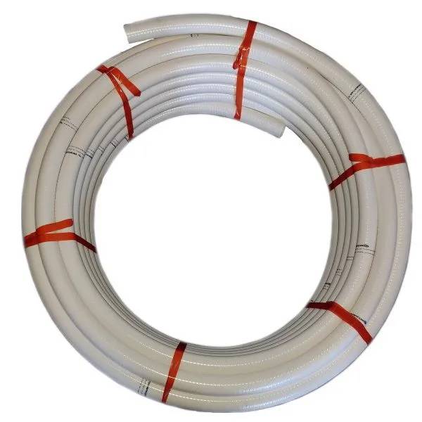 Poolslang PVC 2" 30 m, vit ribbad slang hoprullad och fastspänd med orange plastband, mot vit bakgrund.