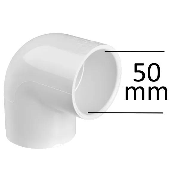 PVC Böj 90° 50 mm F/F, vit rörkoppling med två raka anslutningar, måttsatt till 50 mm diameter.