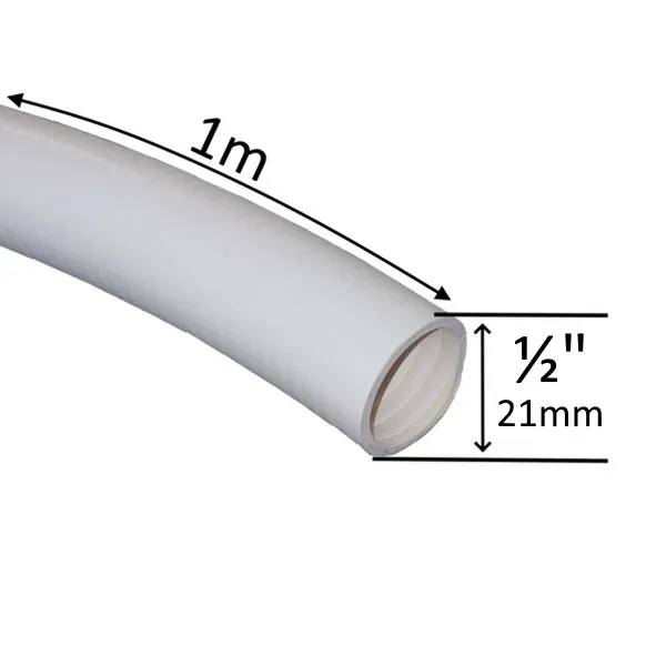 Poolslang PVC ½" i vitt, böjd slangbit med måttpilar som visar längden 1m och diametern 21mm.