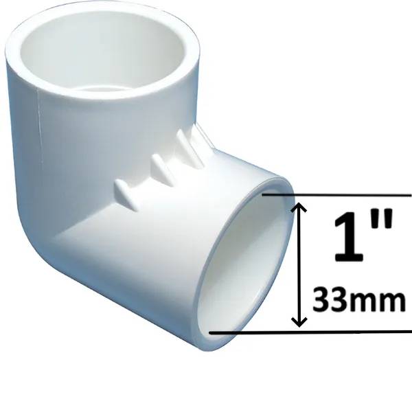 Vit PVC Böj 90° 1" F/F i plast, vinklad rörkoppling med måttangivelse 33mm på högra öppningen.