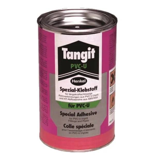 Burk med Tangit PVC-U speciallim, 0,5 kg, i rosa och silverfärgad förpackning från Henkel.