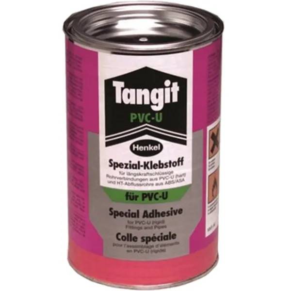 Metallburk med Tangit PVC-U speciallim, rosa och silverfärgad etikett, för hopfogning av PVC-rör, 1 kg.