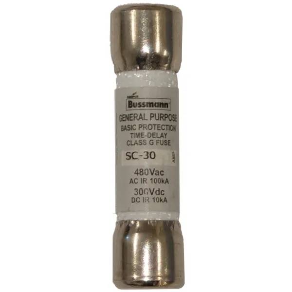 Balboa Säkring 30A, Bussmann SC-30 tidsfördröjd Class G-säkring med cylindrisk metallhylsa och vit etikett.