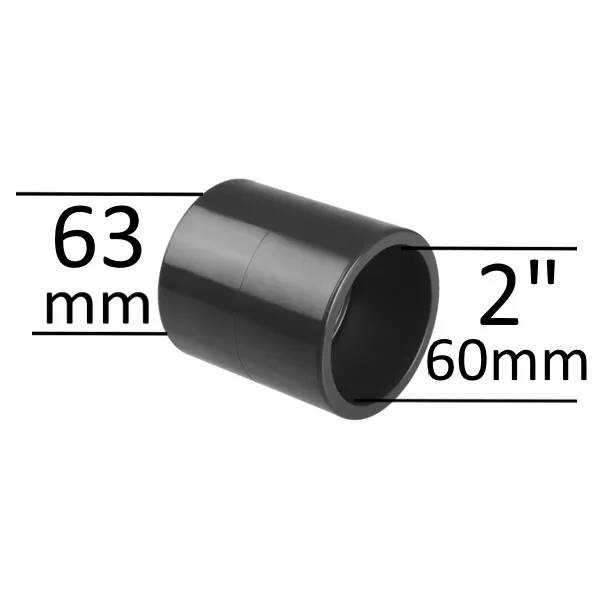 PVC adapter 63mm 2" F/F i svart plast, rak muffkoppling med måttangivelser för ytterdiameter 63mm och 2"/60mm.