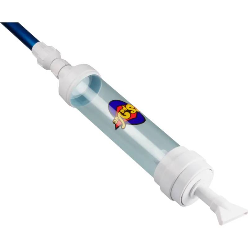 Paradise Spa Vac bottensug med genomskinlig behållare, blått teleskopskaft och munstycke i vitt.