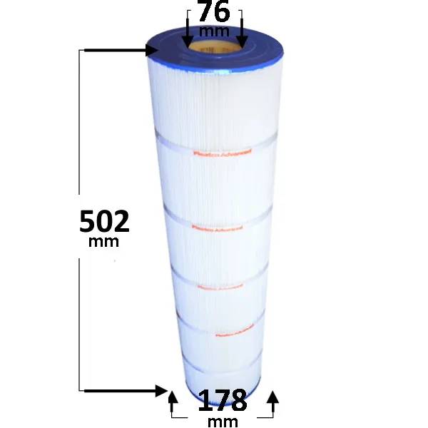 Spafilter PA75 med vita veckade filterlameller, uppmärkt med diameter 76 mm, höjd 502 mm och bredd 178 mm.