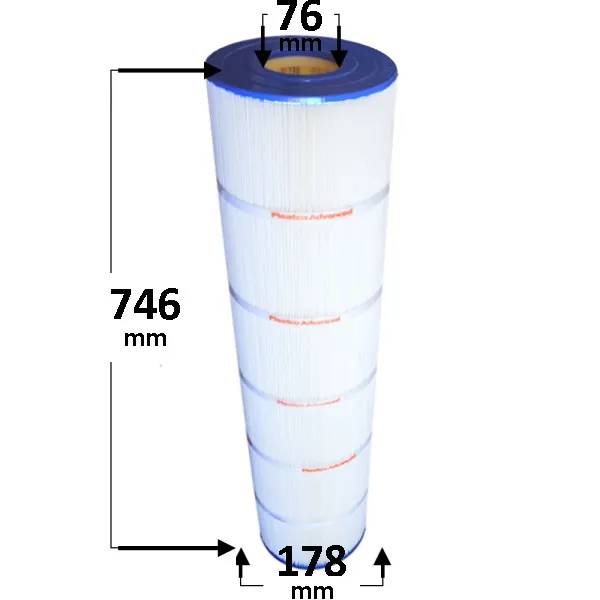 Spafilter PCM75 med veckat filtermaterial, måtten 76 mm topdiameter, 178 mm bottendiameter och 746 mm längd.