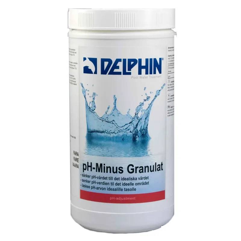 Vit hink med Delphin pH-Minus Granulat, etikett med vattenstänk-motiv och text om pH-sänkning.