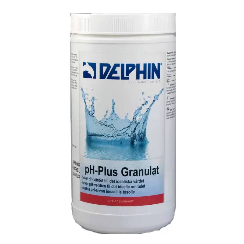 Vit plastburk med Delphin pH-Plus Granulat, etikett med vattenstänk-motiv, sedd rakt framifrån mot vit bakgrund.
