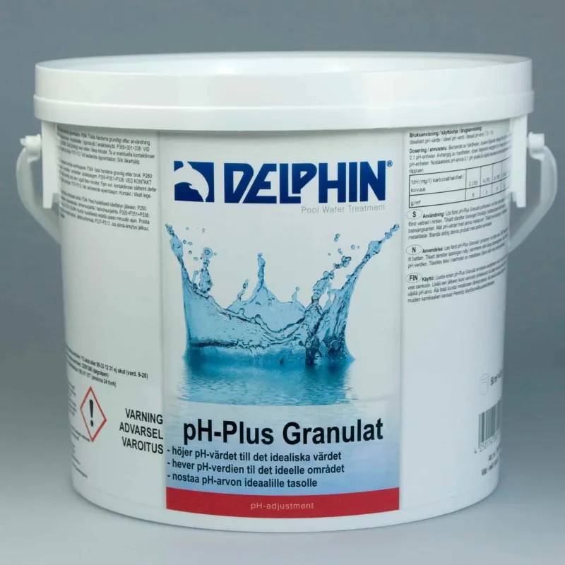 Vit hink med bärhandtag av Delphin pH-Plus Granulat 3 kg, etikett med vattenstänk och varningssymbol.